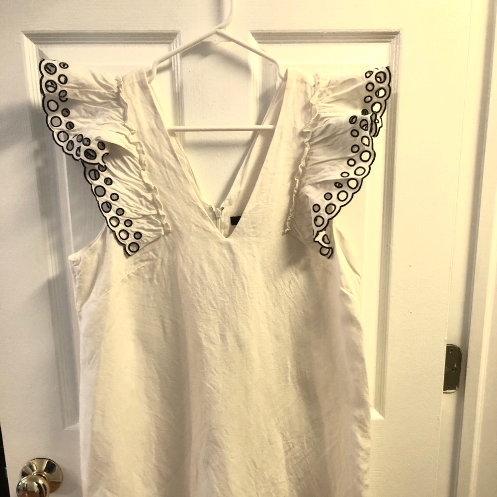 J Crew White Dress With Embroidered Flutter Sleeve